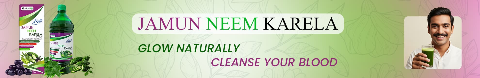 Jamun Neem Karela Juice 
Jamun (Indian Blackberry) Neem (Azadirachta indica) Karela (Bitter Gourd) Banner 8